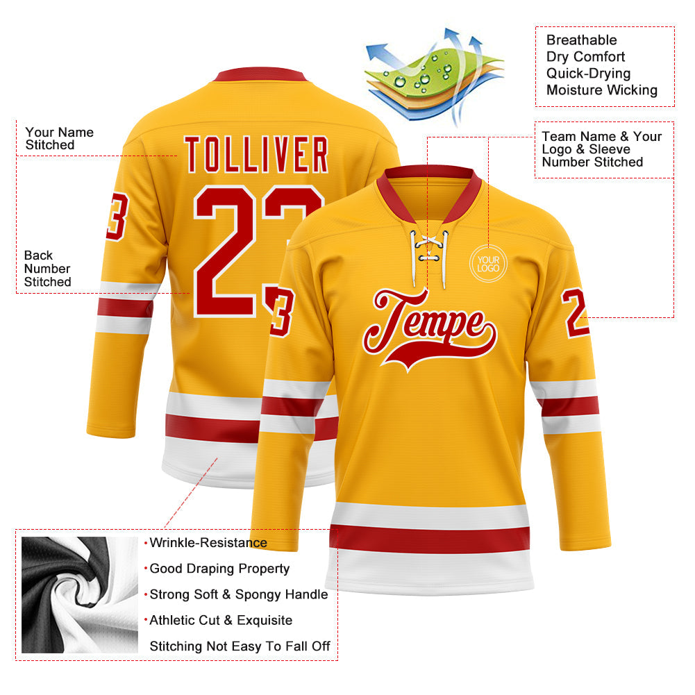 Custom Gold Red-White Hockey Lace Neck Jersey - Sky-Custom