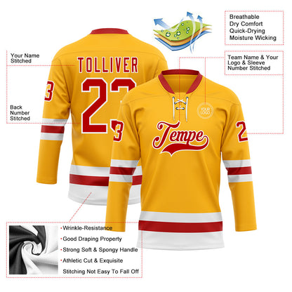Custom Gold Red-White Hockey Lace Neck Jersey - Sky-Custom