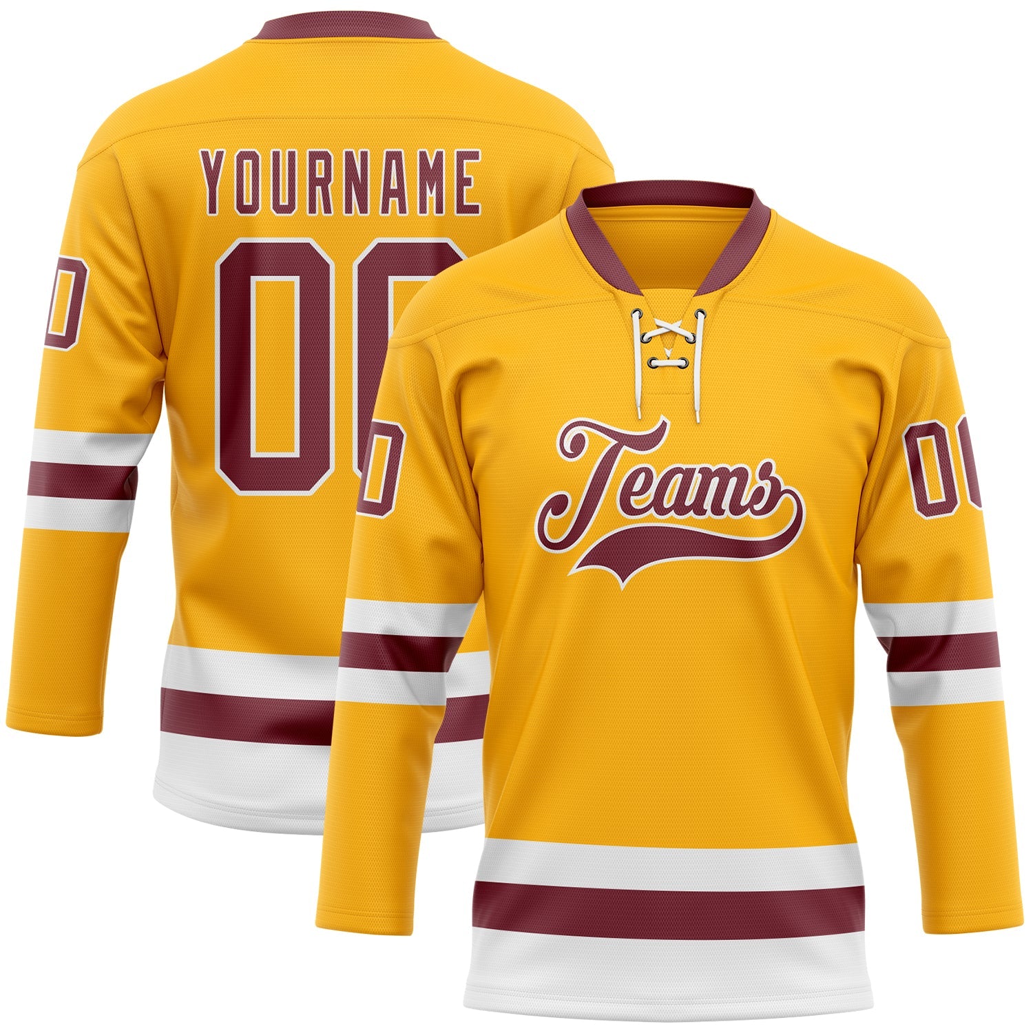 Custom Gold Burgundy-White Hockey Lace Neck Jersey - Sky-Custom