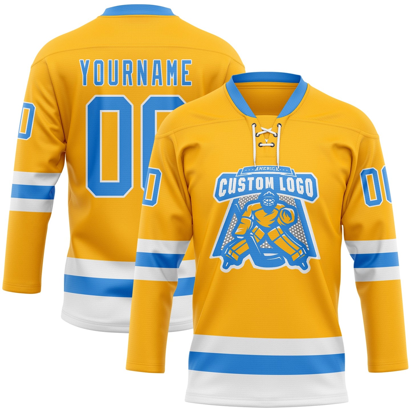 Custom Gold Powder Blue-White Hockey Lace Neck Jersey - Sky-Custom