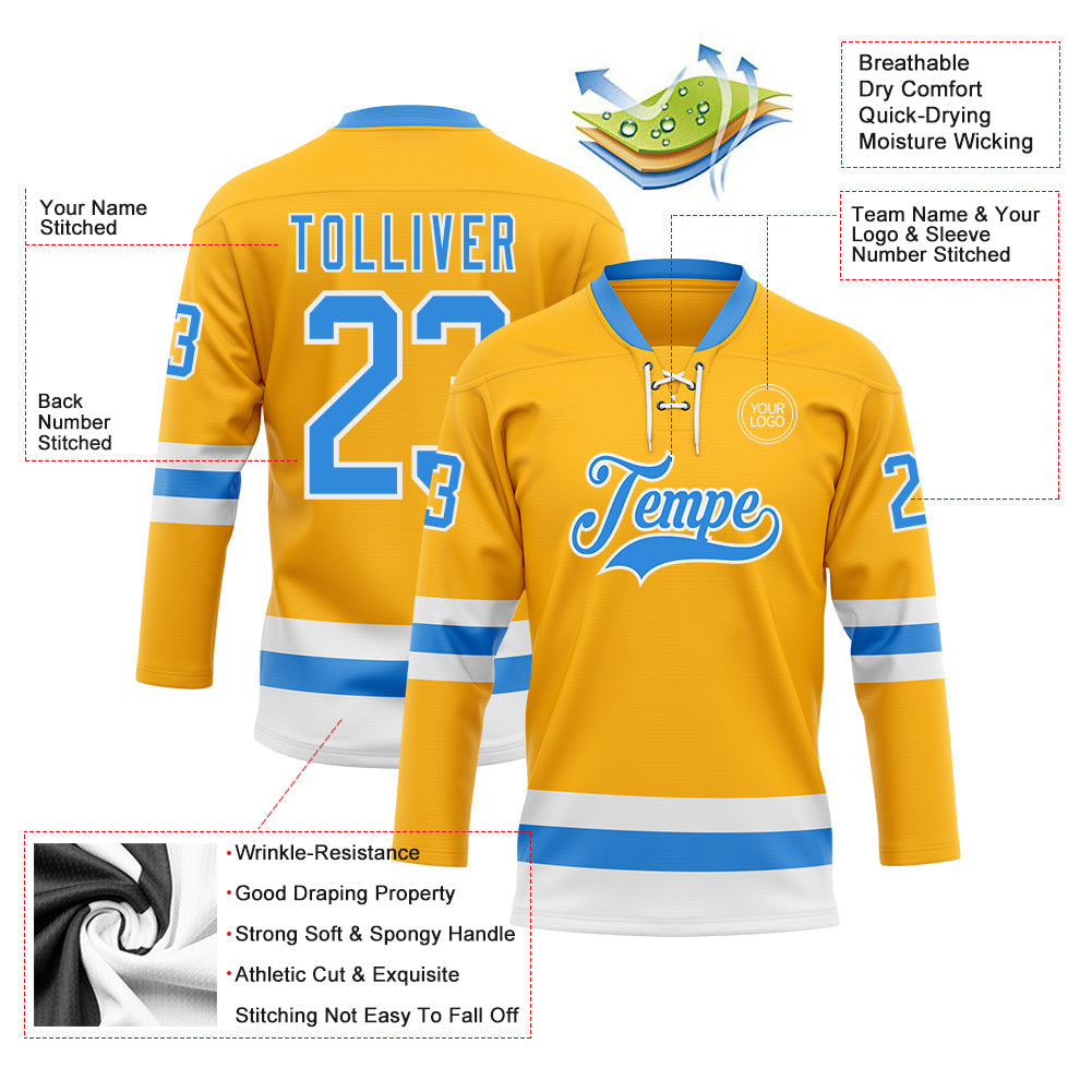 Custom Gold Powder Blue-White Hockey Lace Neck Jersey - Sky-Custom