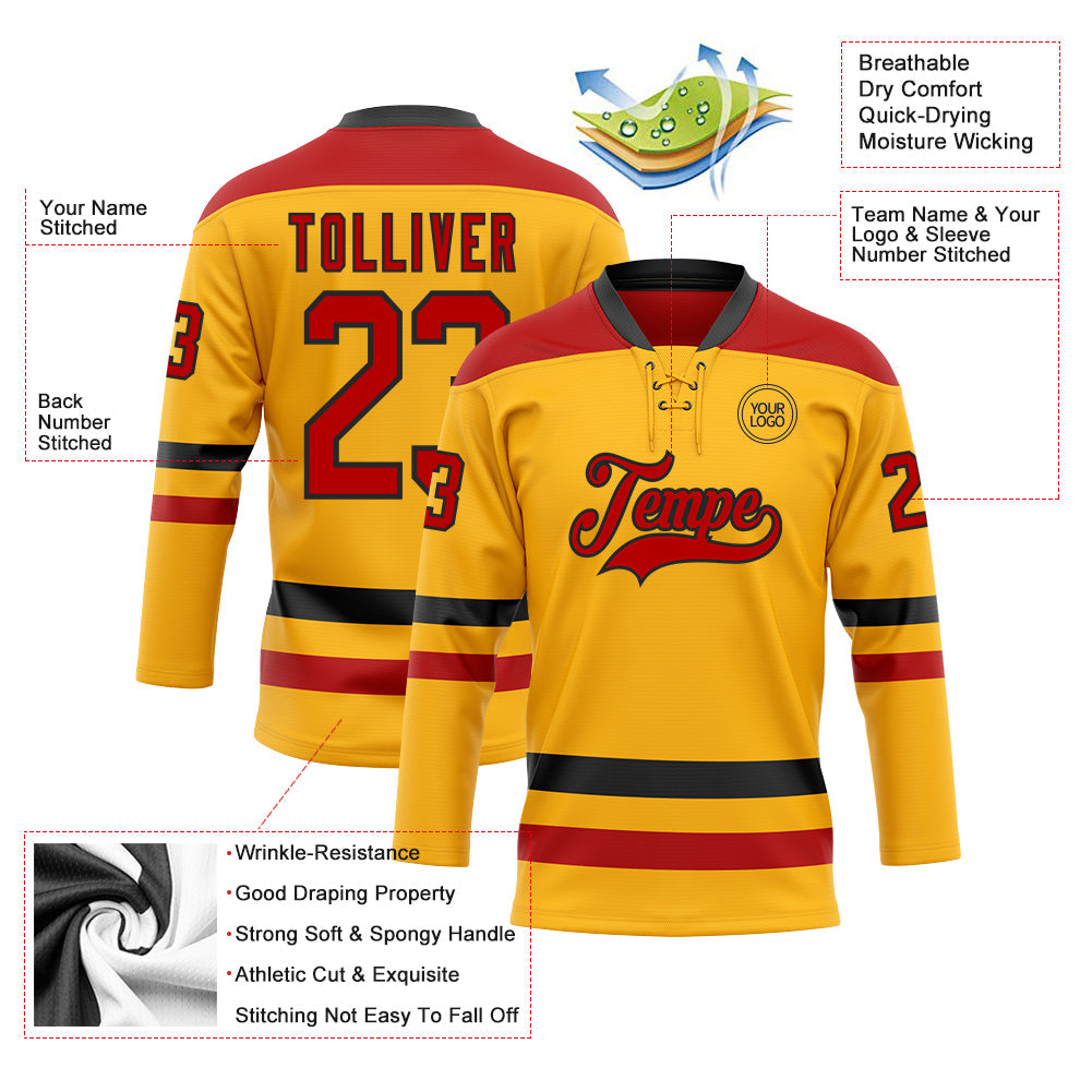 Custom Gold Red-Black Hockey Lace Neck Jersey - Sky-Custom