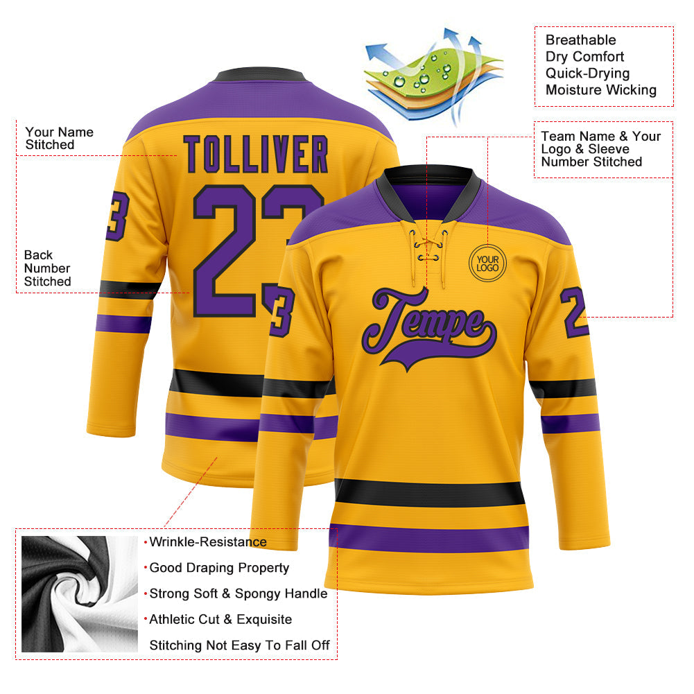Custom Gold Purple-Black Hockey Lace Neck Jersey - Sky-Custom