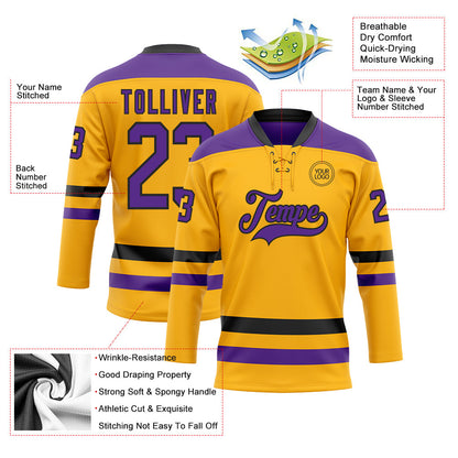 Custom Gold Purple-Black Hockey Lace Neck Jersey - Sky-Custom