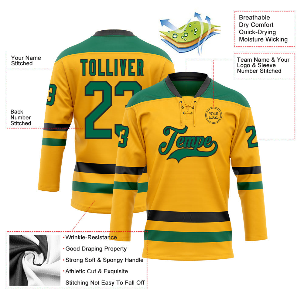 Custom Gold Kelly Green-Black Hockey Lace Neck Jersey - Sky-Custom