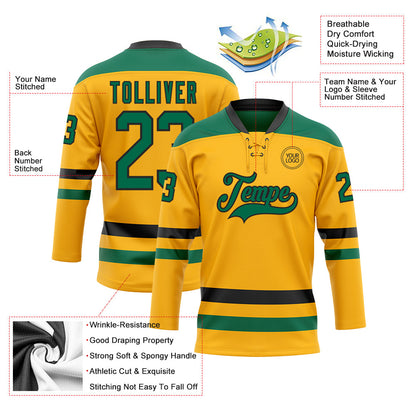 Custom Gold Kelly Green-Black Hockey Lace Neck Jersey - Sky-Custom