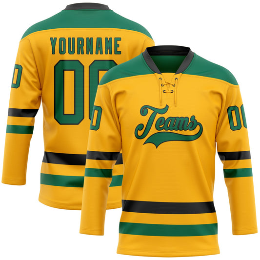 Custom Gold Kelly Green-Black Hockey Lace Neck Jersey - Sky-Custom