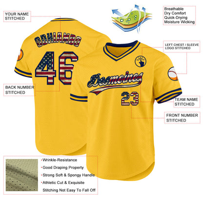 Custom Gold Vintage USA Flag-Navy Authentic Throwback Baseball Jersey - Sky-Custom