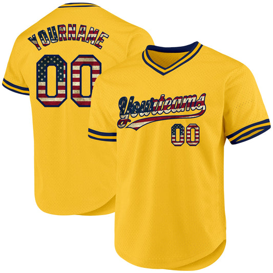 Custom Gold Vintage USA Flag-Navy Authentic Throwback Baseball Jersey - Sky-Custom