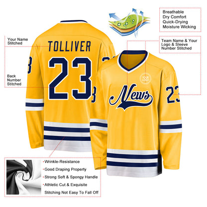 Custom Gold Navy-White Hockey Jersey - Sky-Custom