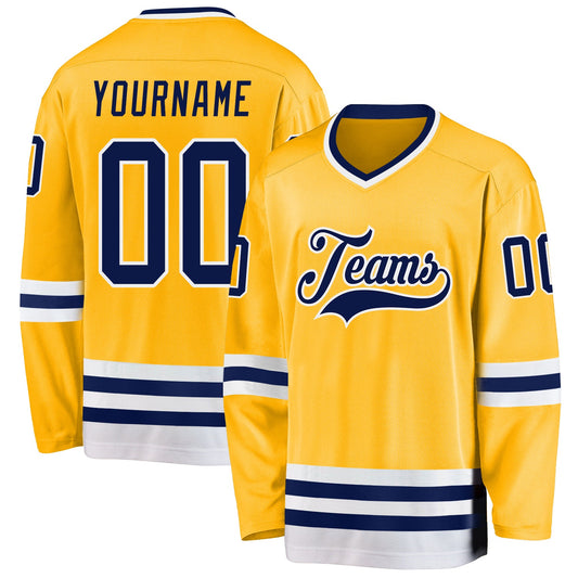 Custom Gold Navy-White Hockey Jersey - Sky-Custom