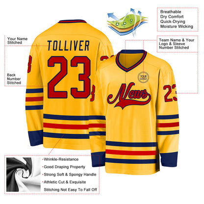 Custom Gold Red-Navy Hockey Jersey - Sky-Custom