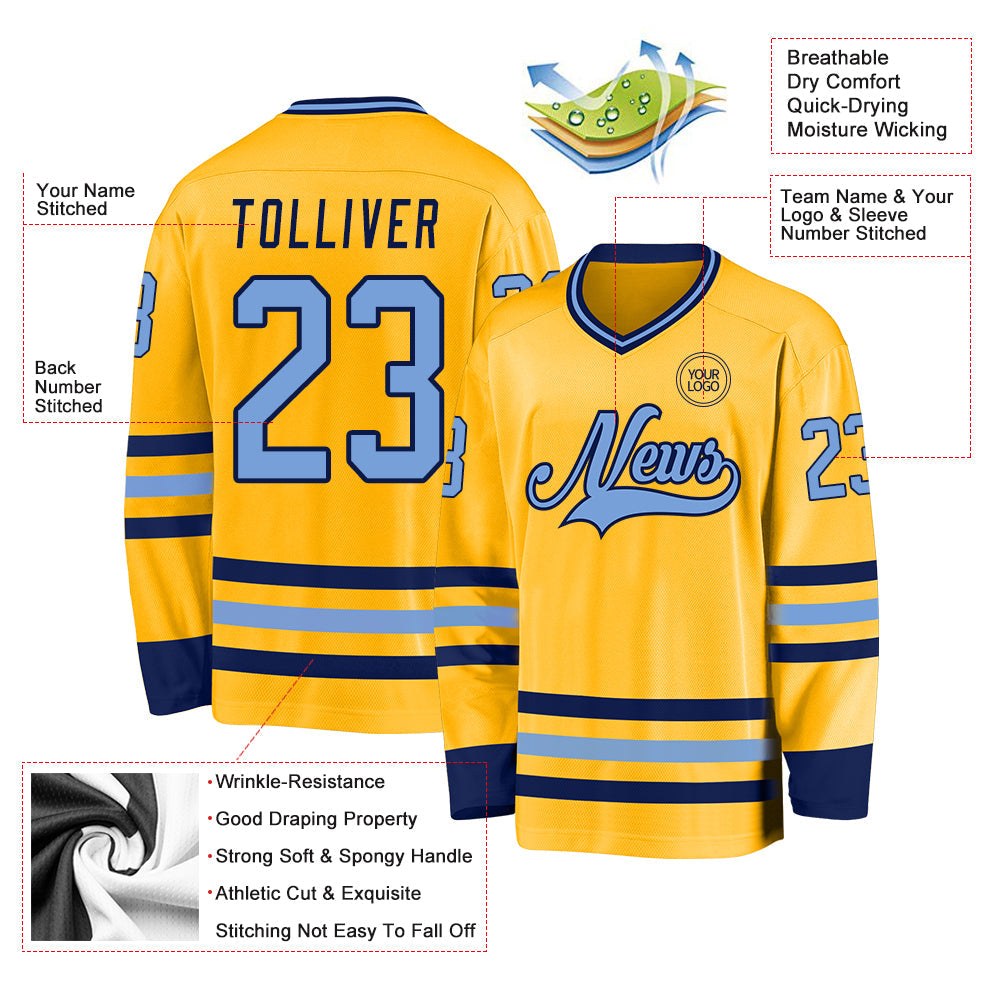 Custom Gold Light Blue-Navy Hockey Jersey - Sky-Custom