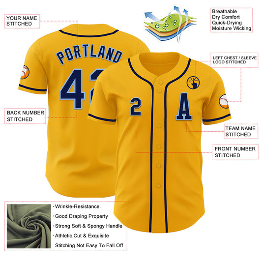 Custom Gold Navy-Light Blue Authentic Baseball Jersey - Sky-Custom