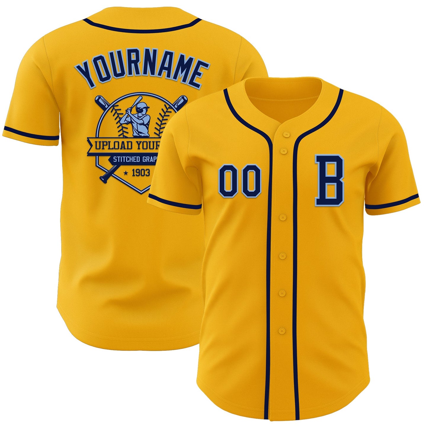 Custom Gold Navy-Light Blue Authentic Baseball Jersey - Sky-Custom