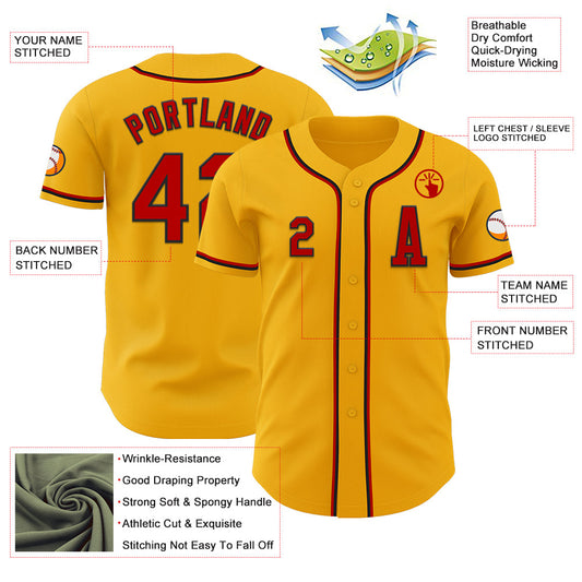 Custom Gold Red-Black Authentic Baseball Jersey - Sky-Custom