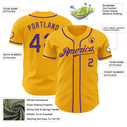 Custom Gold Purple Authentic Baseball Jersey - Sky-Custom