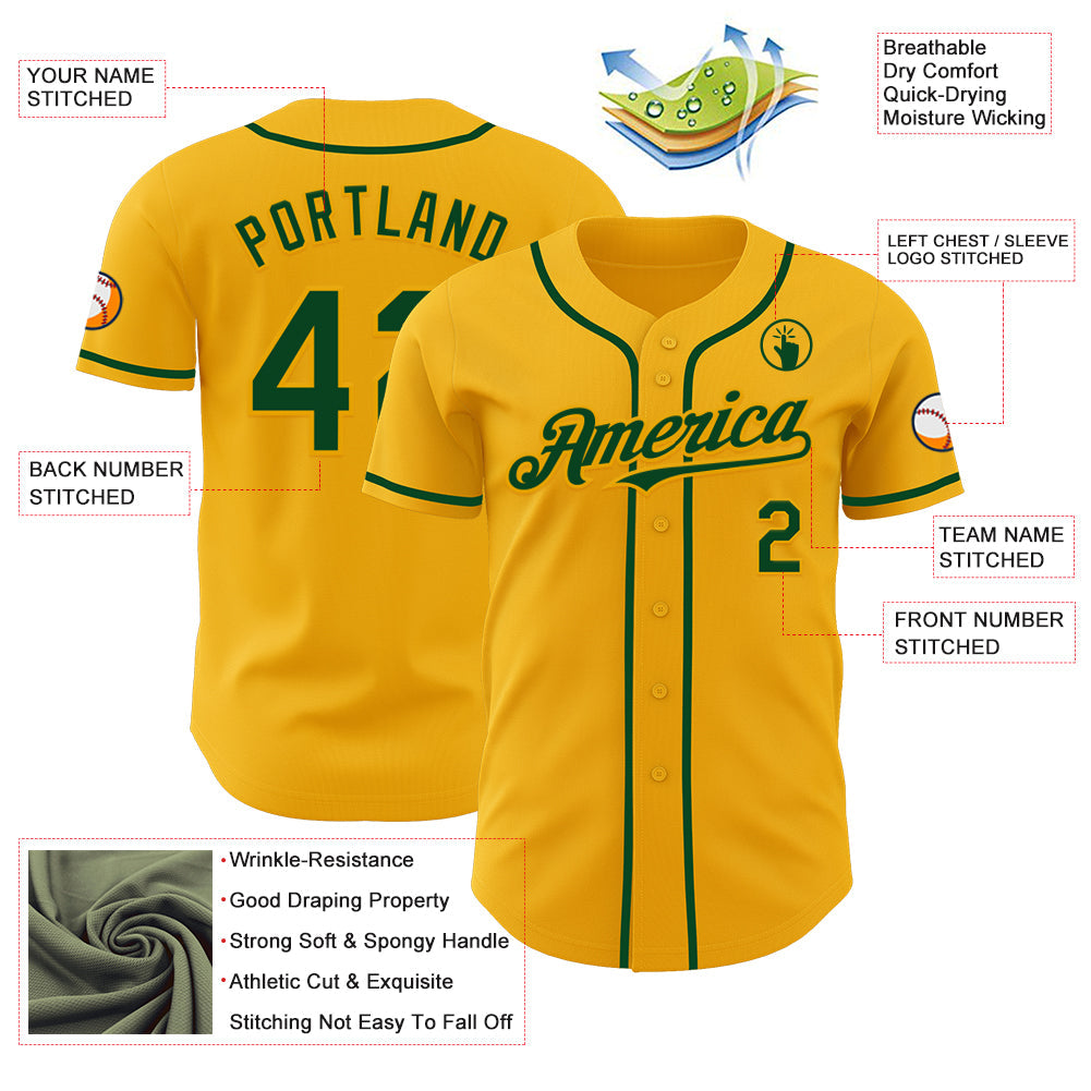 Custom Gold Green Authentic Baseball Jersey - Sky-Custom