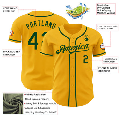 Custom Gold Green Authentic Baseball Jersey - Sky-Custom