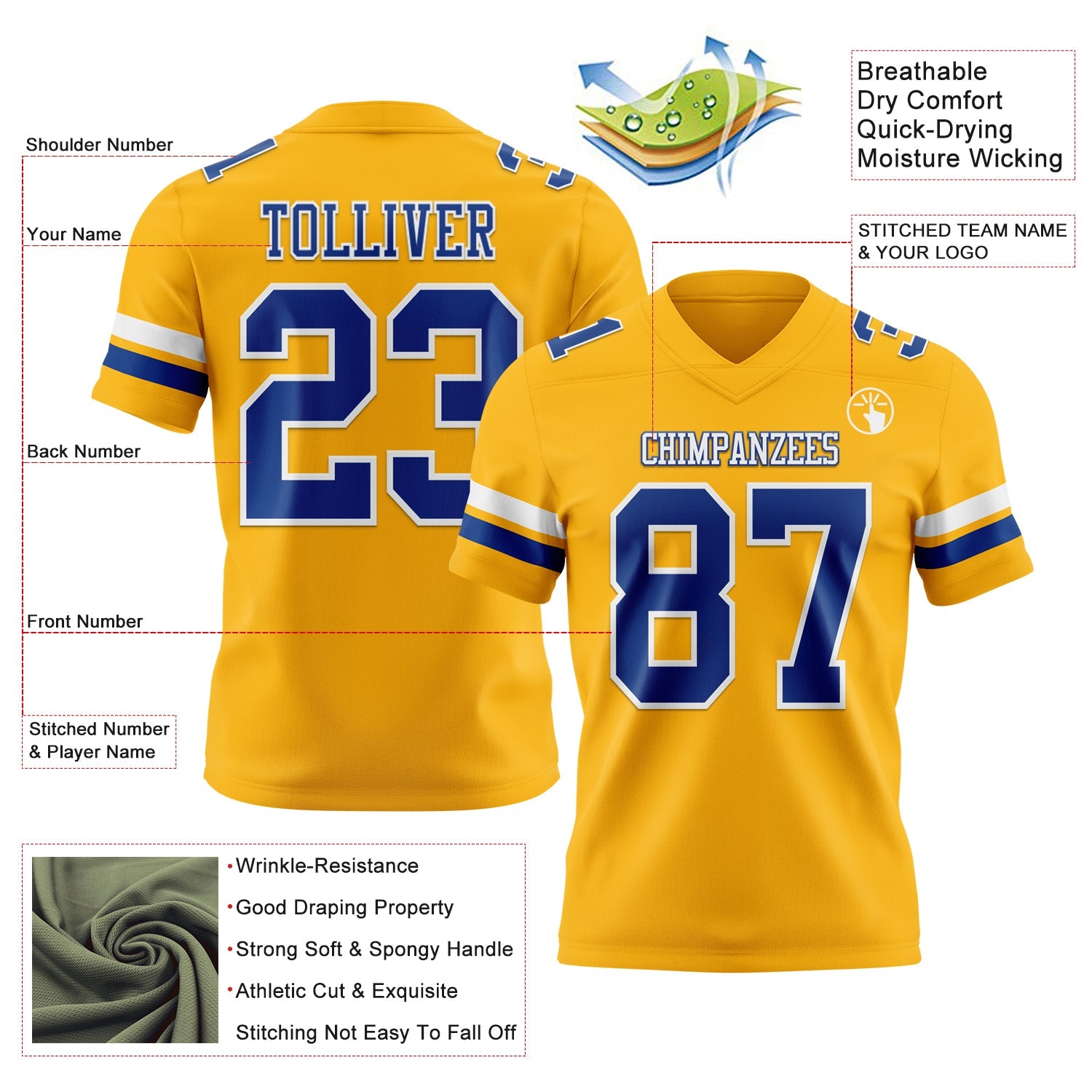 Custom Gold Royal-White Mesh Authentic Football Jersey - Sky-Custom