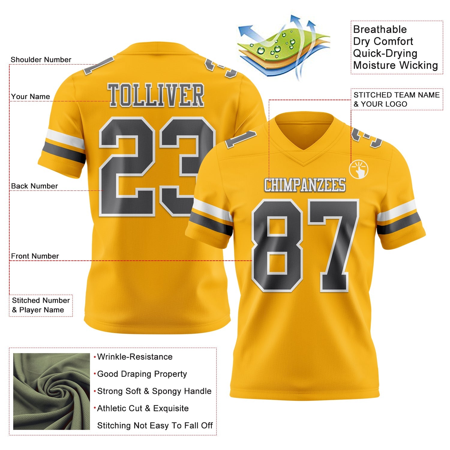 Custom Gold Steel Gray-White Mesh Authentic Football Jersey - Sky-Custom