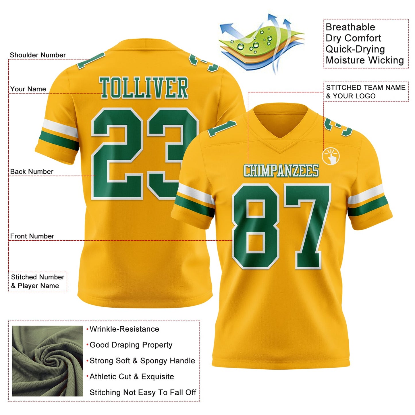 Custom Gold Kelly Green-White Mesh Authentic Football Jersey - Sky-Custom