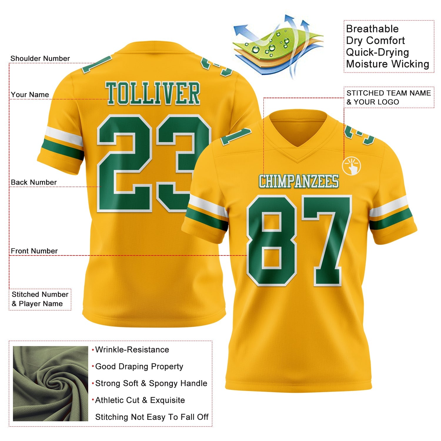Custom Gold Kelly Green-White Mesh Authentic Football Jersey - Sky-Custom
