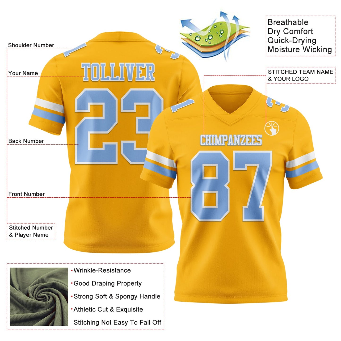 Custom Gold Light Blue-White Mesh Authentic Football Jersey - Sky-Custom