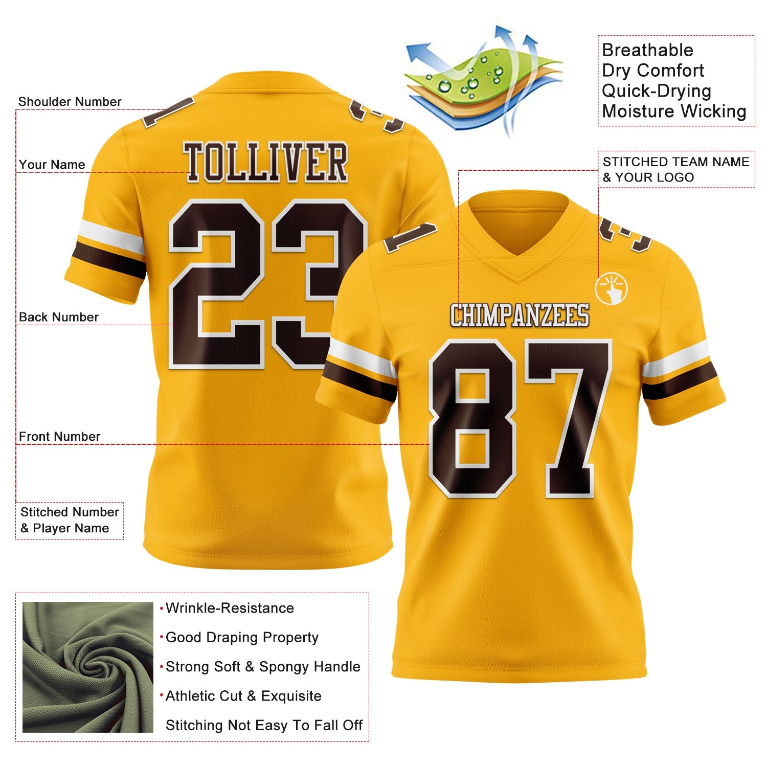 Custom Gold Brown-White Mesh Authentic Football Jersey - Sky-Custom