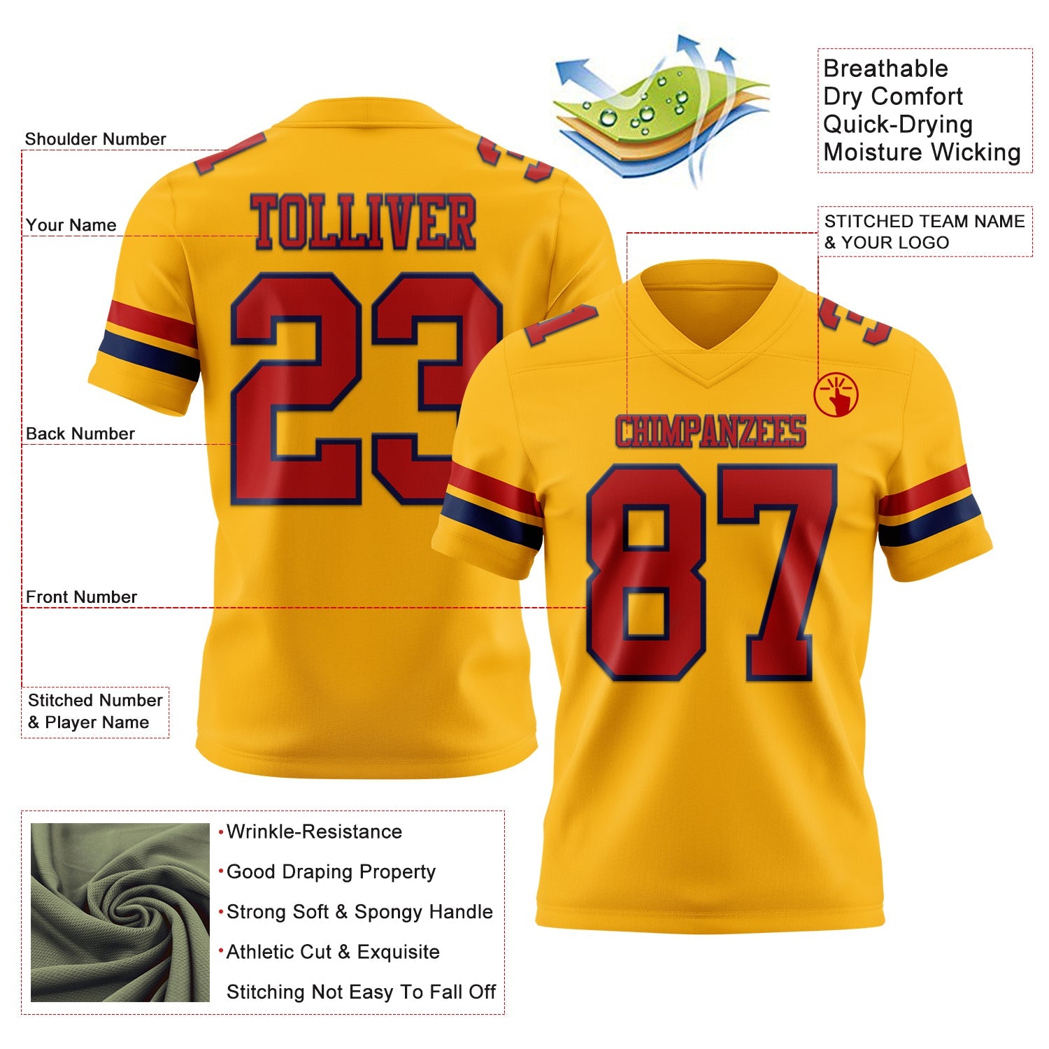 Custom Gold Red-Navy Mesh Authentic Football Jersey - Sky-Custom