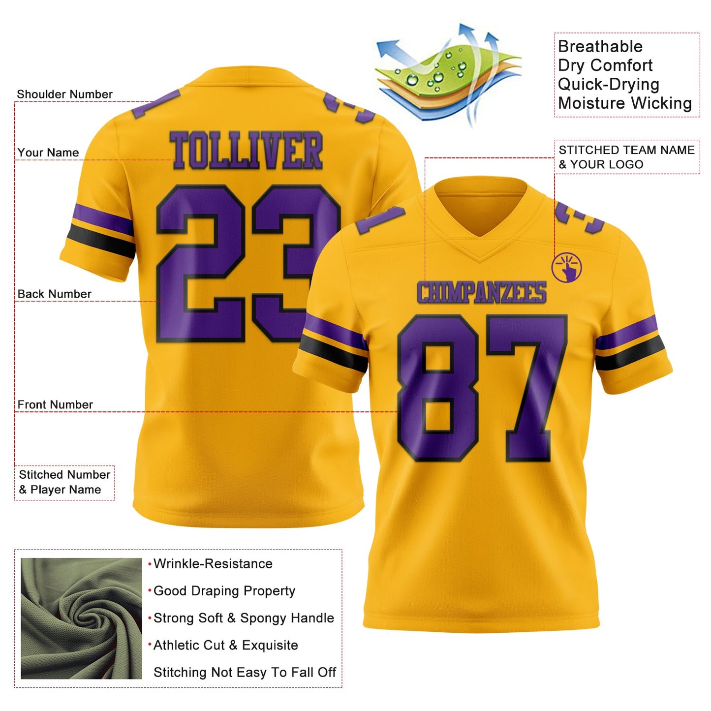 Custom Gold Purple-Black Mesh Authentic Football Jersey - Sky-Custom