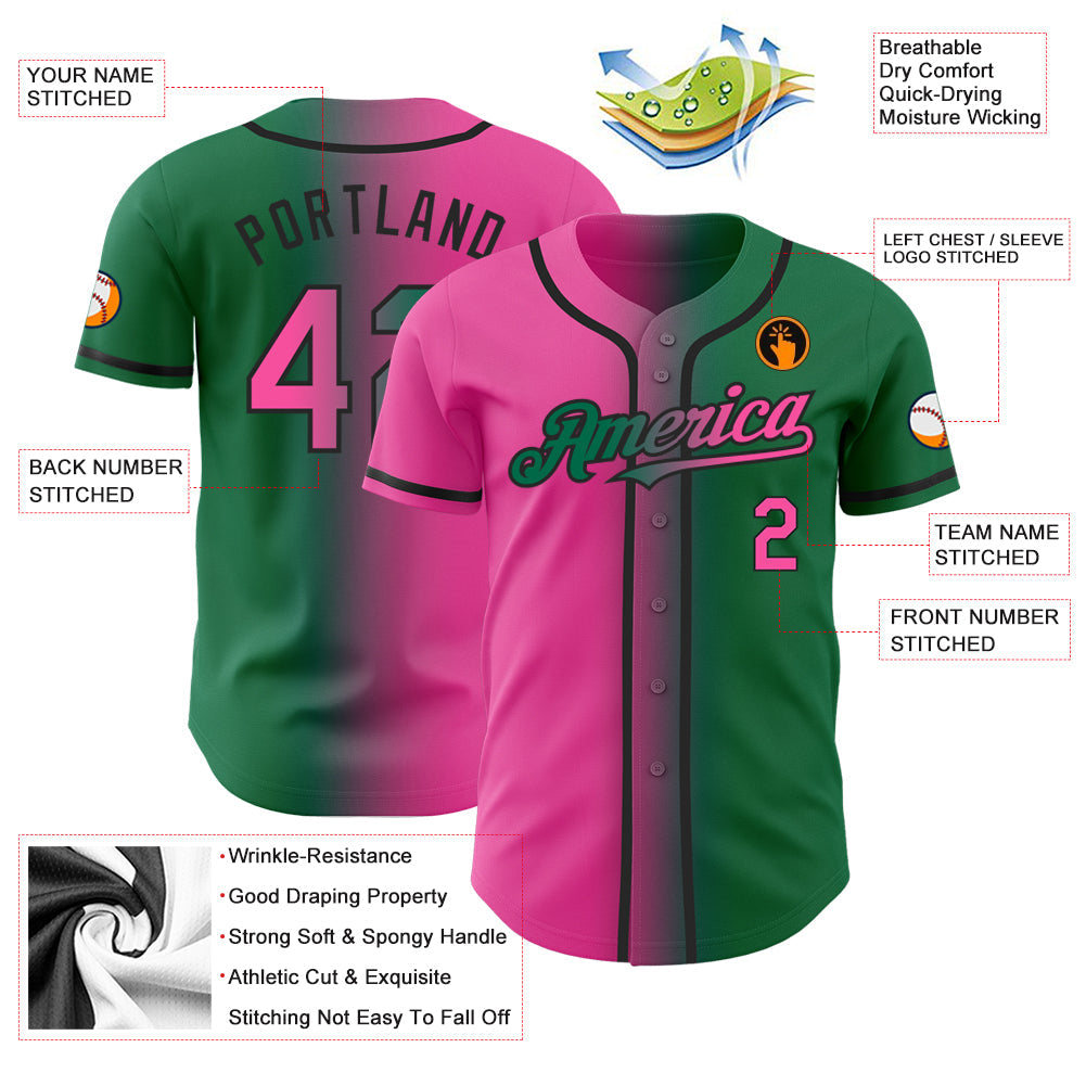 Custom Kelly Green Pink-Black Authentic Gradient Fashion Baseball Jersey - Sky-Custom