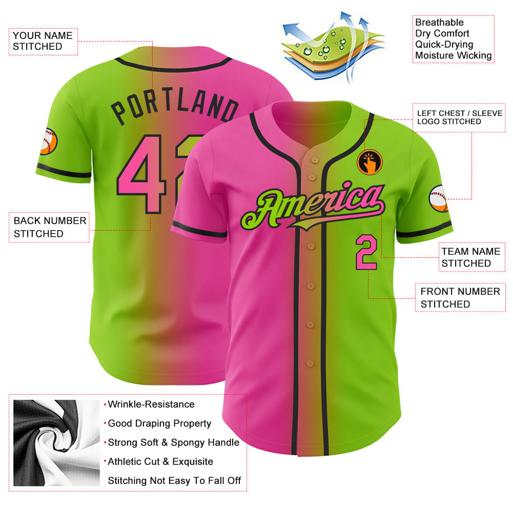 Custom Neon Green Pink-Black Authentic Gradient Fashion Baseball Jersey - Sky-Custom