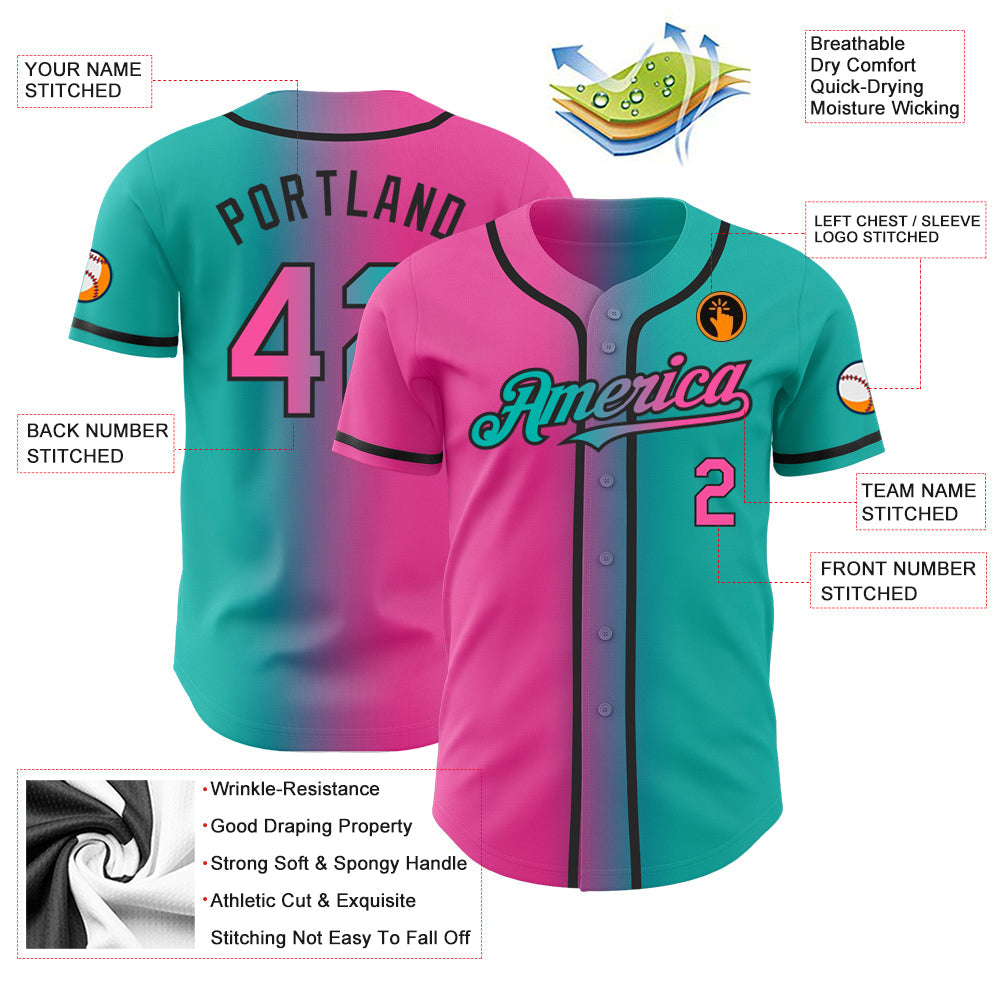 Custom Aqua Pink-Black Authentic Gradient Fashion Baseball Jersey - Sky-Custom