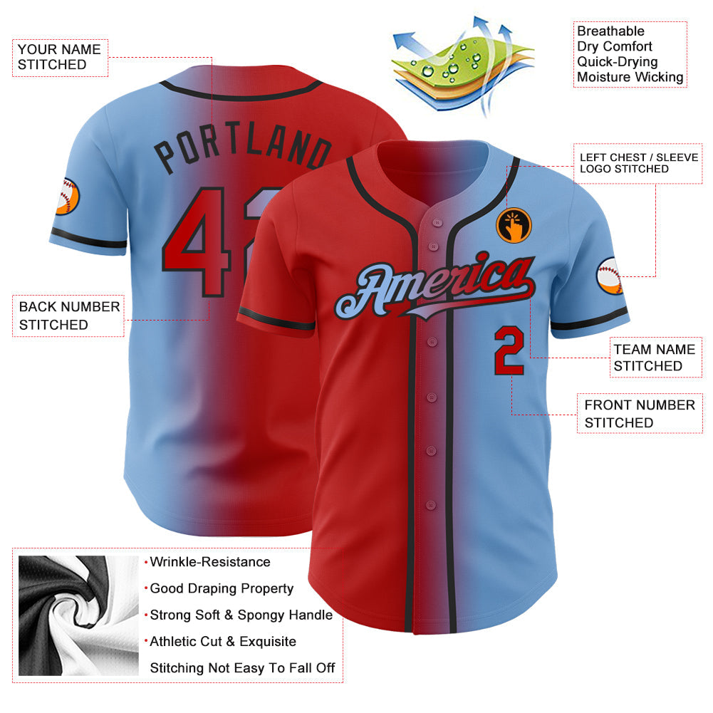 Custom Light Blue Red-Black Authentic Gradient Fashion Baseball Jersey - Sky-Custom