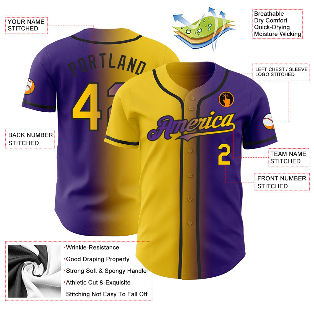 Custom Purple Yellow-Black Authentic Gradient Fashion Baseball Jersey - Sky-Custom