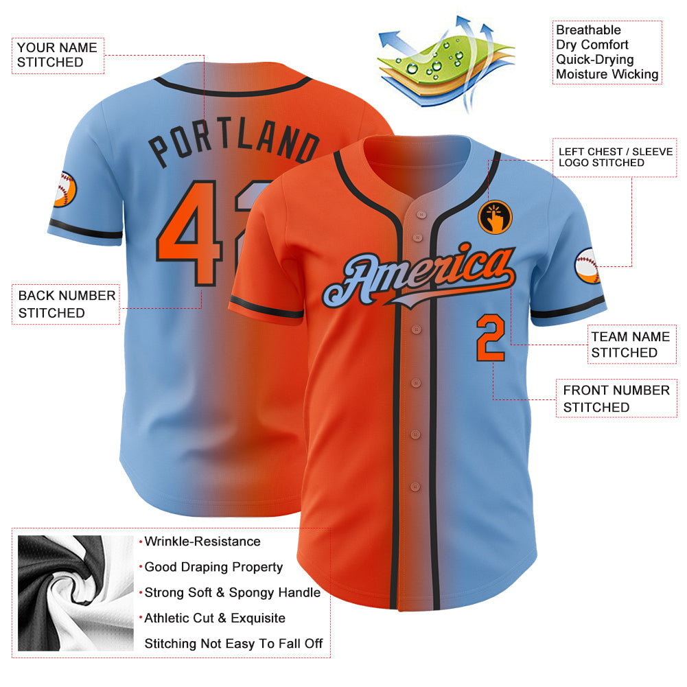 Custom Light Blue Orange-Black Authentic Gradient Fashion Baseball Jersey - Sky-Custom