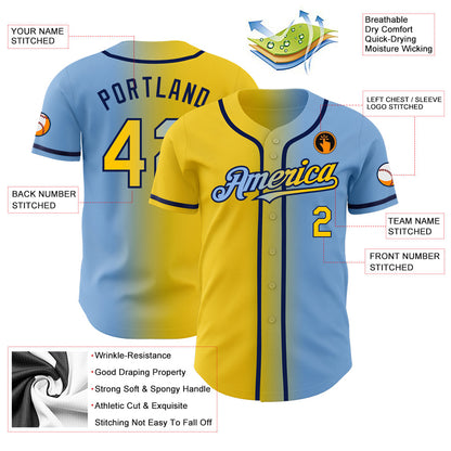 Custom Light Blue Yellow-Navy Authentic Gradient Fashion Baseball Jersey - Sky-Custom