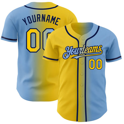 Custom Light Blue Yellow-Navy Authentic Gradient Fashion Baseball Jersey - Sky-Custom
