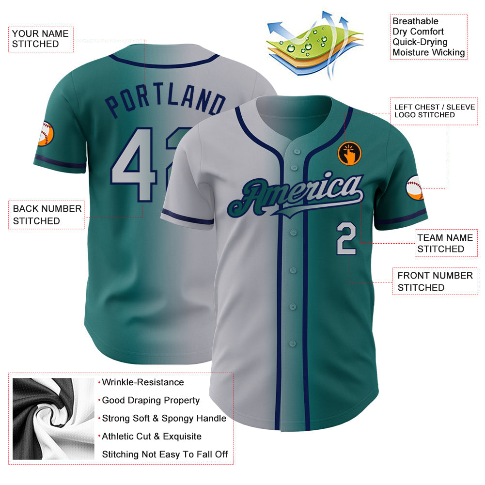 Custom Teal Gray-Navy Authentic Gradient Fashion Baseball Jersey - Sky-Custom