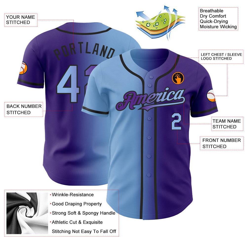 Custom Purple Light Blue-Black Authentic Gradient Fashion Baseball Jersey - Sky-Custom