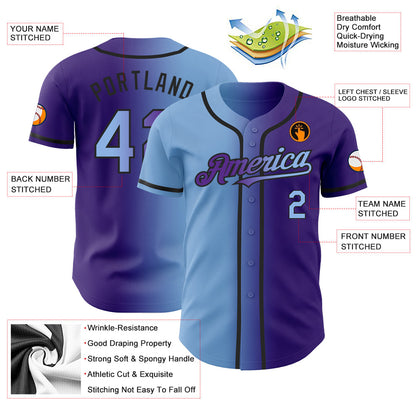 Custom Purple Light Blue-Black Authentic Gradient Fashion Baseball Jersey - Sky-Custom