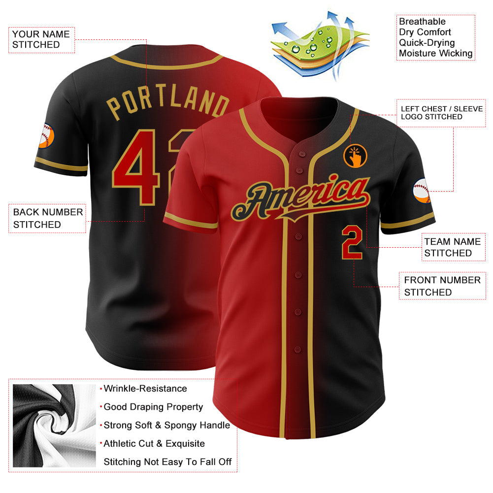 Custom Black Red-Old Gold Authentic Gradient Fashion Baseball Jersey - Sky-Custom