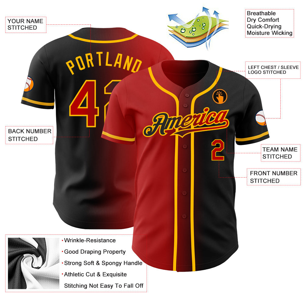 Custom Black Red-Gold Authentic Gradient Fashion Baseball Jersey - Sky-Custom