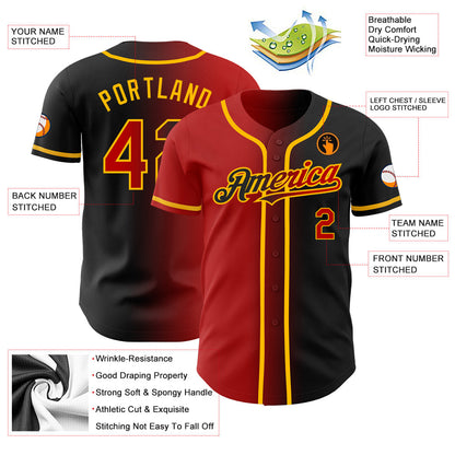 Custom Black Red-Gold Authentic Gradient Fashion Baseball Jersey - Sky-Custom