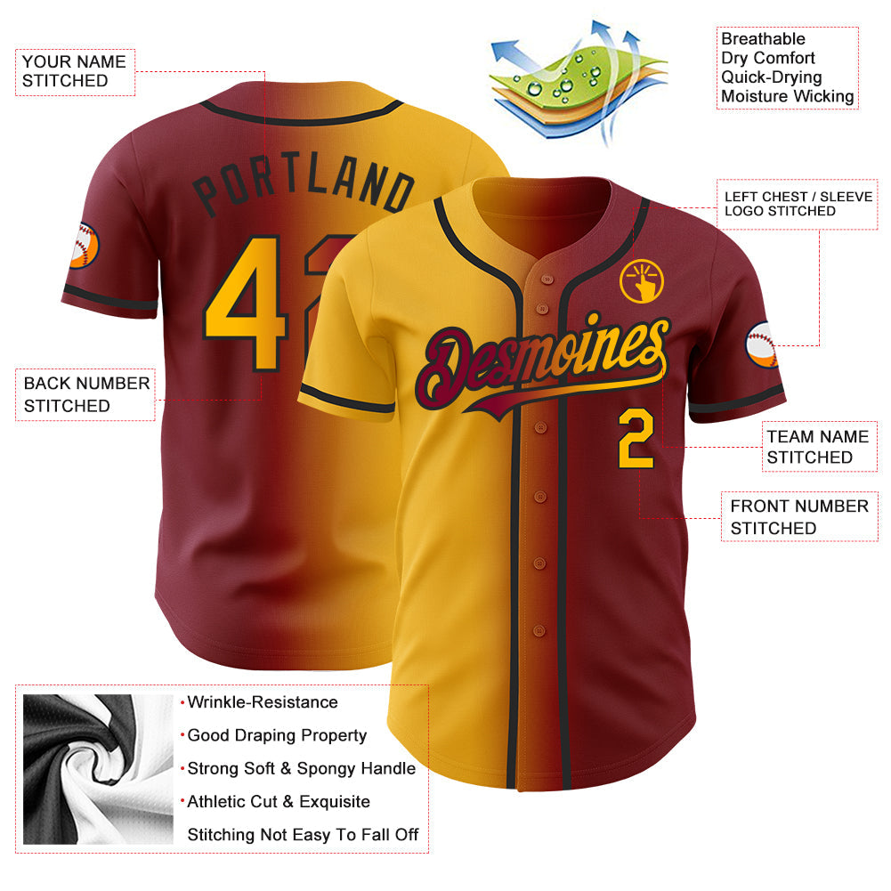 Custom Maroon Gold-Black Authentic Gradient Fashion Baseball Jersey - Sky-Custom