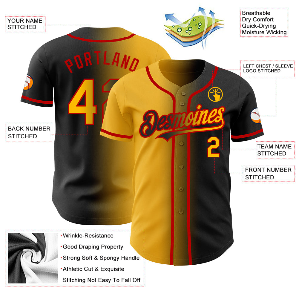Custom Black Gold-Red Authentic Gradient Fashion Baseball Jersey - Sky-Custom