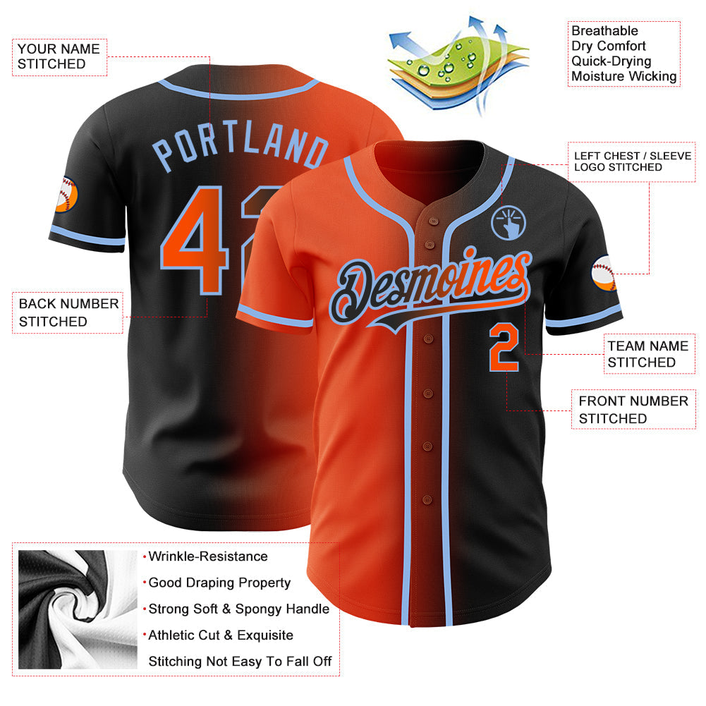 Custom Black Orange-Light Blue Authentic Gradient Fashion Baseball Jersey - Sky-Custom
