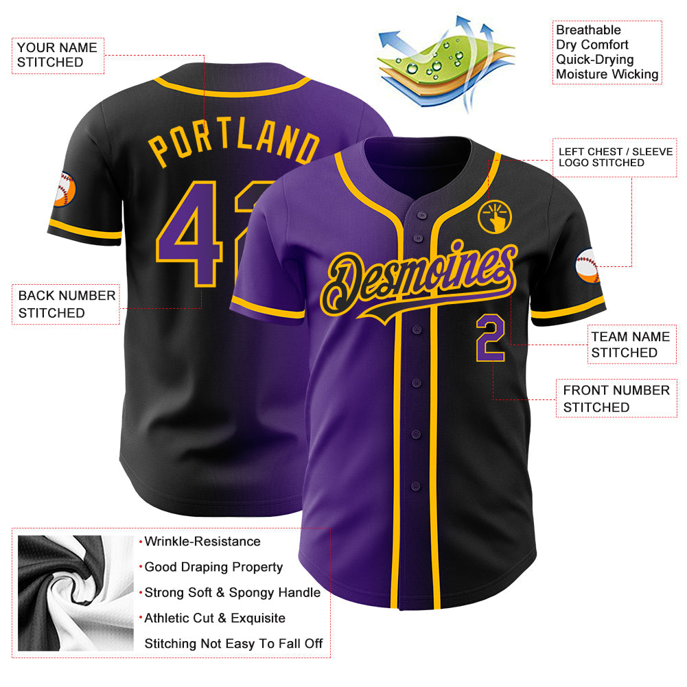 Custom Black Purple-Gold Authentic Gradient Fashion Baseball Jersey - Sky-Custom