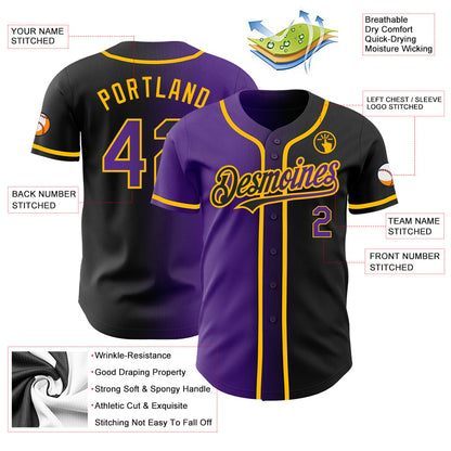 Custom Black Purple-Gold Authentic Gradient Fashion Baseball Jersey - Sky-Custom